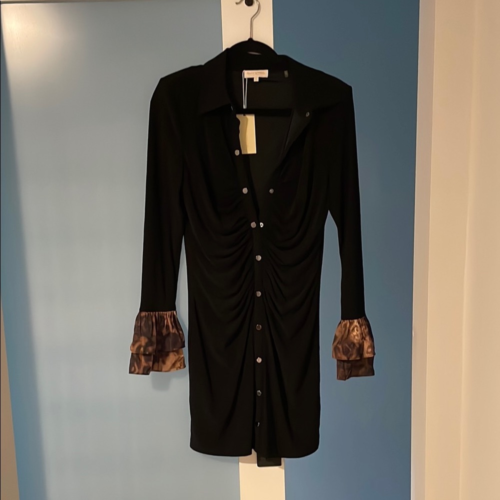 Ramy Brook Black Long Sleeve Dress with Leopard Accents